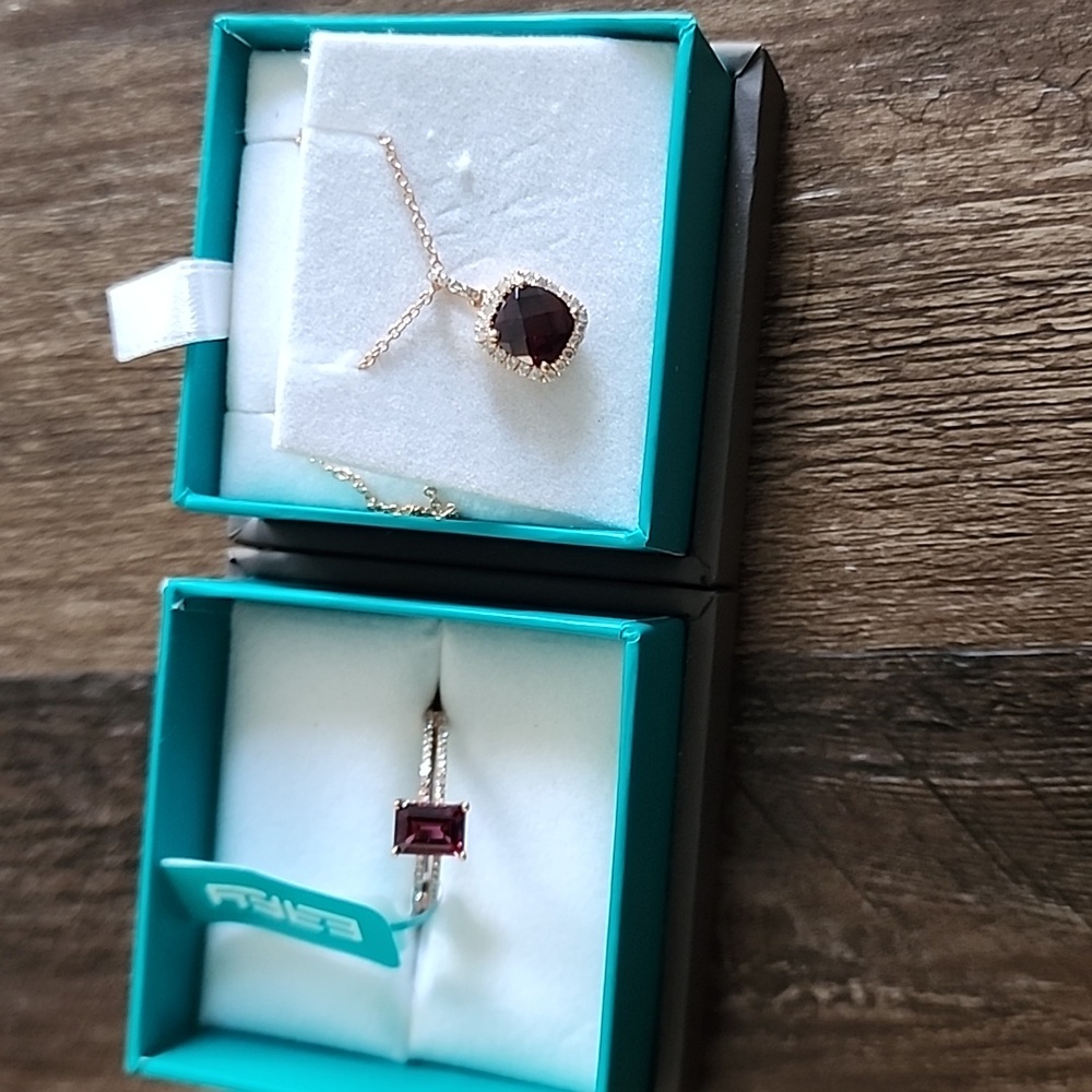 Effy 14k Rose Gold diamond, rhodolite necklace and ring